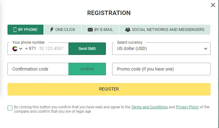 BetWinner registration page